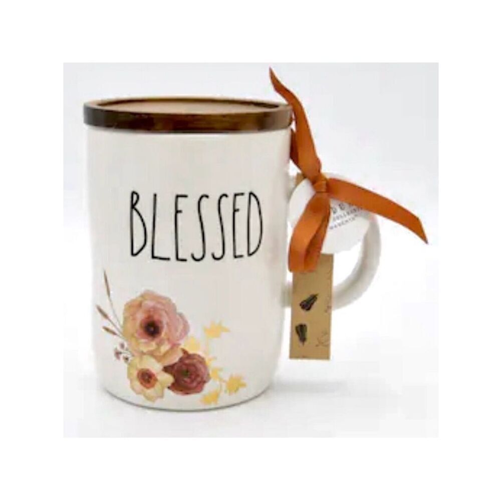 NWT Rae Dunn Gorgeous BLESSED Coffee Mug Cup Wood Lid 18Oz Ceramic Fall Flowers